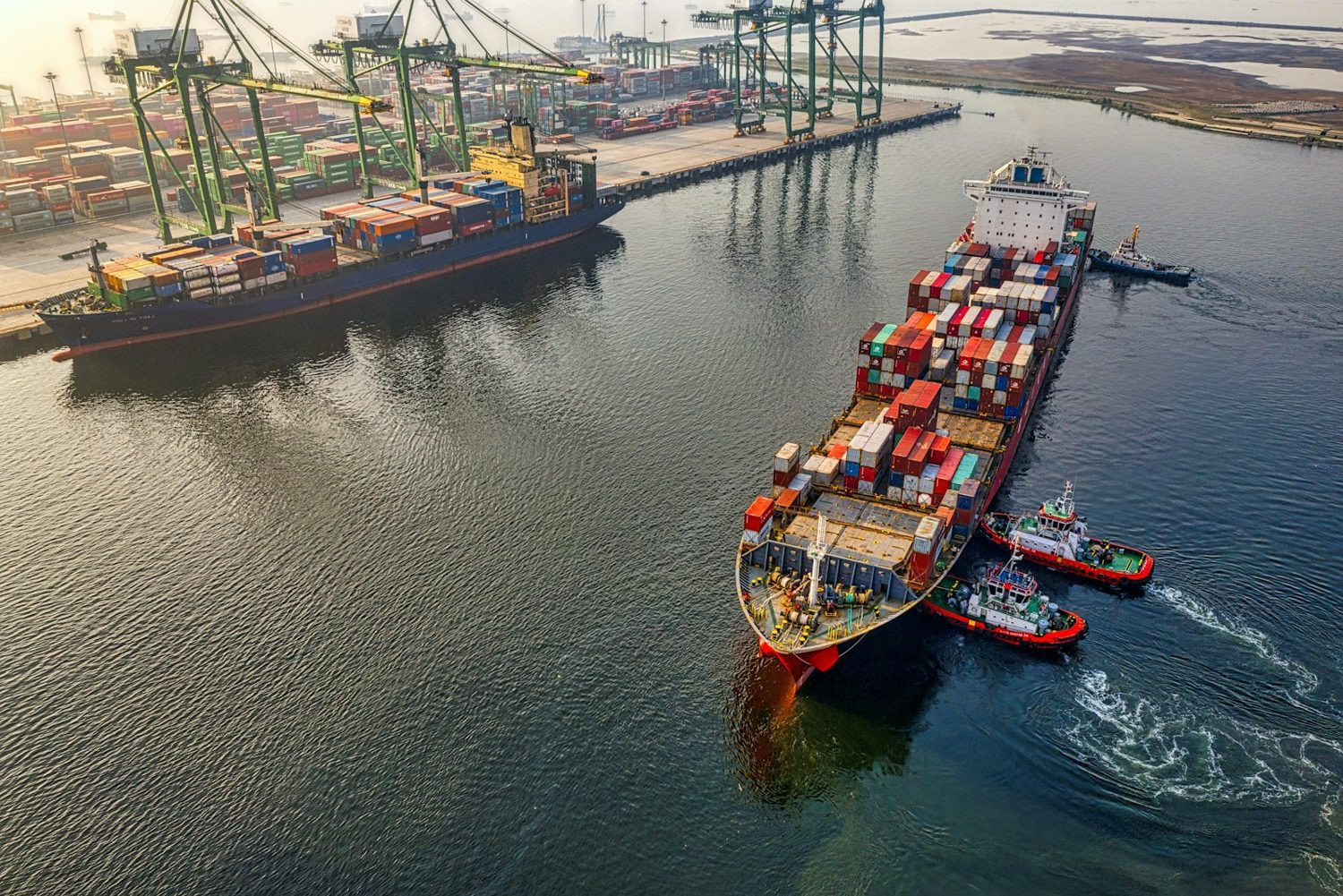 Cargo ship leaving a major shipping port